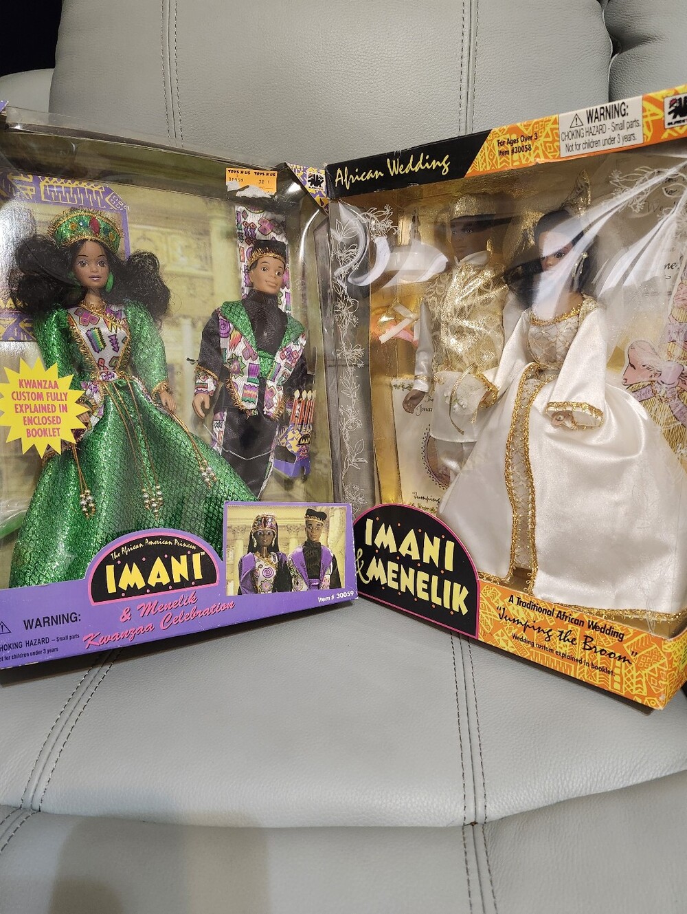 Imani & Menelik Doll Sets - Green Kwanzaa & White Gold Wedding